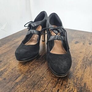 CLARKS Artisan Womens 6.5M Strappy Black Suede/Leather Oxford Heel Shoes SEE PIC